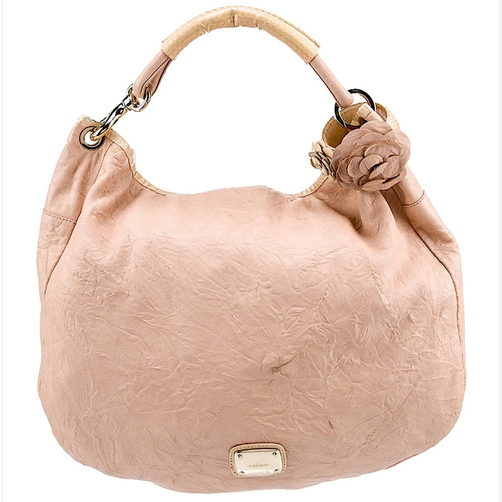 Jimmy Choo Pink Nappa Snakeskin Python Hobo Shoulder Bag Floral Appliqué Rare